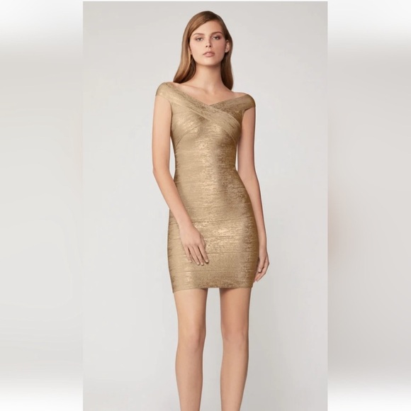 Herve Leger gold shimmer criss cross foil bodycon bandage dress XS NWT - Picture 4 of 13